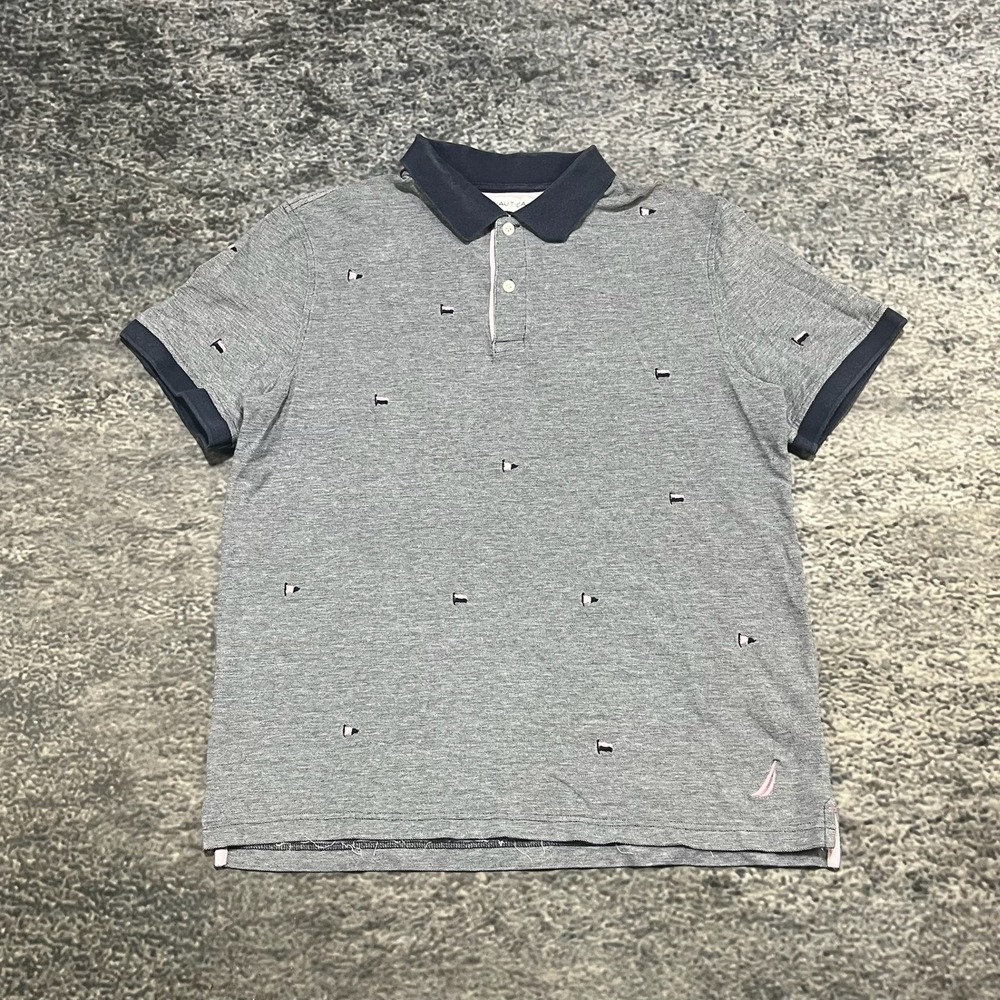 Nautica Polo Shirt Mens Large Gray Embroidered Flag Collar